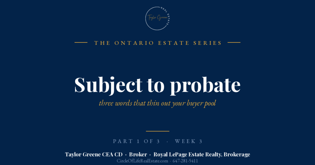 Branded graphic reading "Subject to probate" for Taylor Greene, Certified Executor Advisor and real estate broker, on selling an estate property in Ontario.